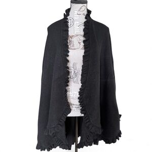 Black 100% Cashmere Ruffle-Trim Open Cardigan / Cape Wrap